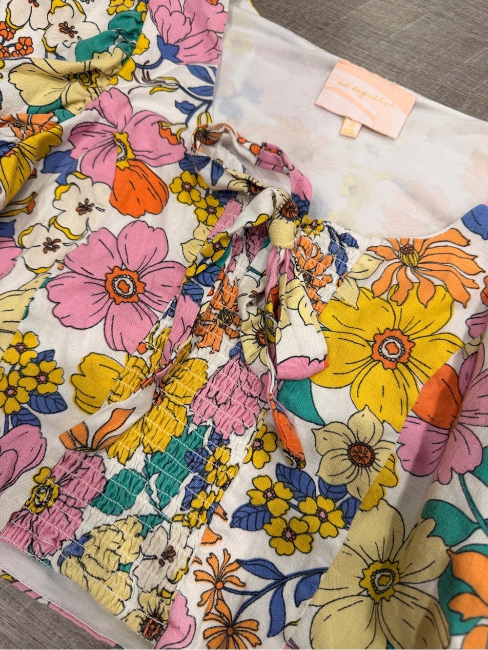Us Together Floral Boho Crop Top 100% Cotton Puff Sleeve Cottagecore Hippie Sz L - Picture 4 of 9